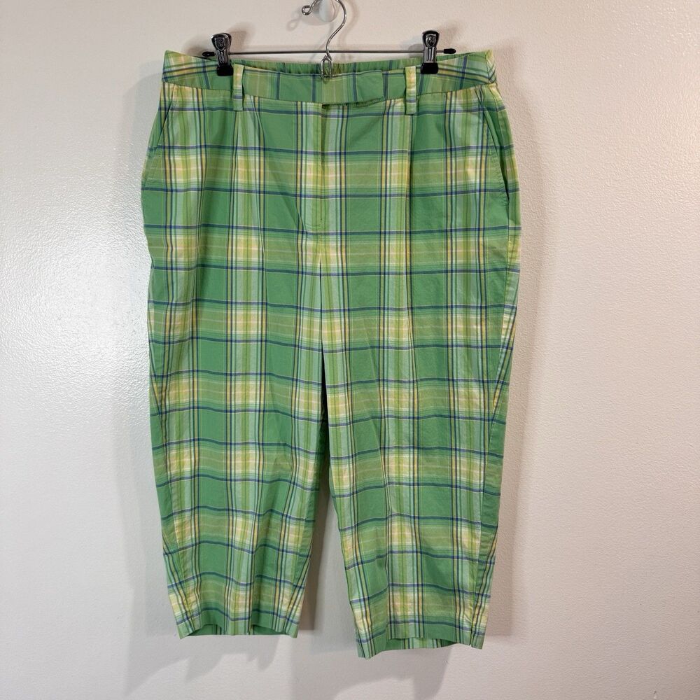 Talbots Pants 14W Cropped Capri Yellow Green Plaid Tailored Fit Stretch Preppy